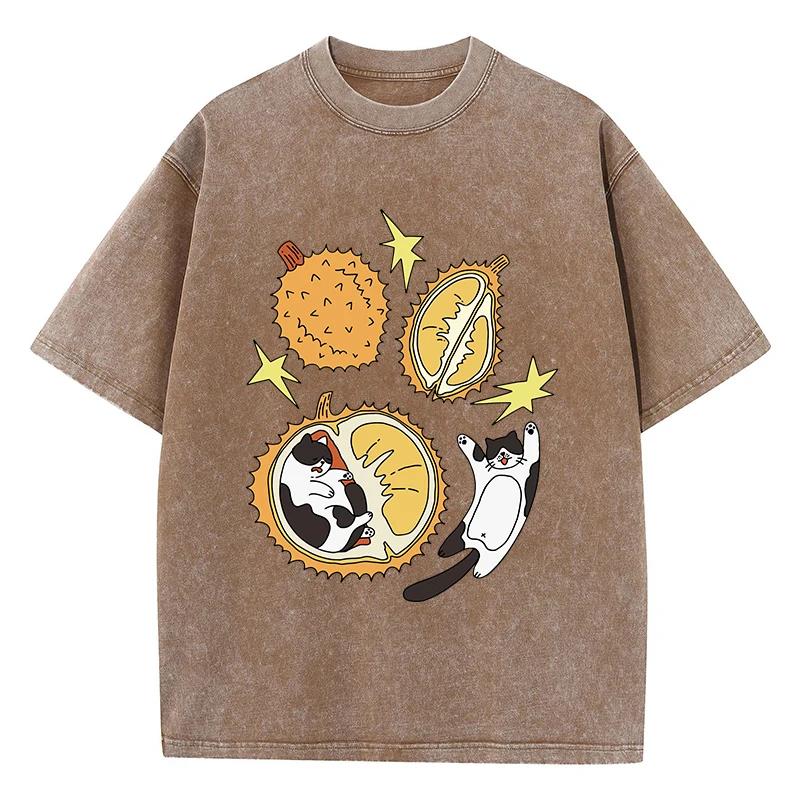 T-shirt Unisex Stampa Gatto Cartone Animato Durian Annidato Cotone Usurata Oversize Girocollo Top Trendy