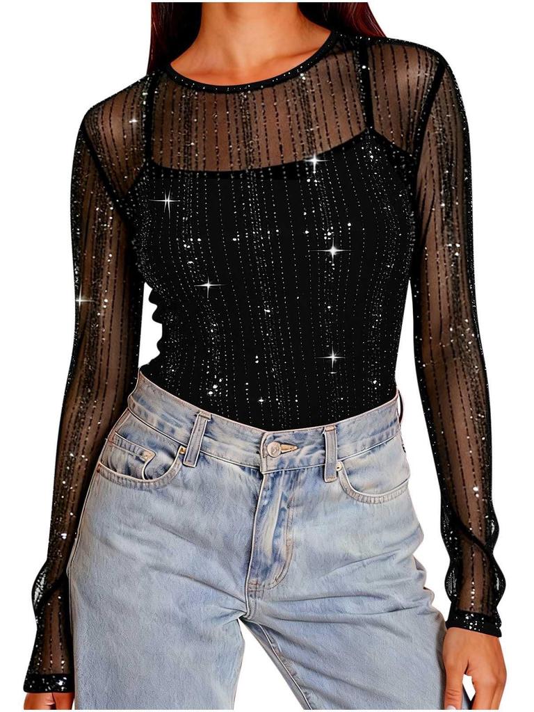 Women's High-Neck Sequin Long Sleeve Top - Spring/Autumn 2026, Stylish & Transparent Inner Layer
