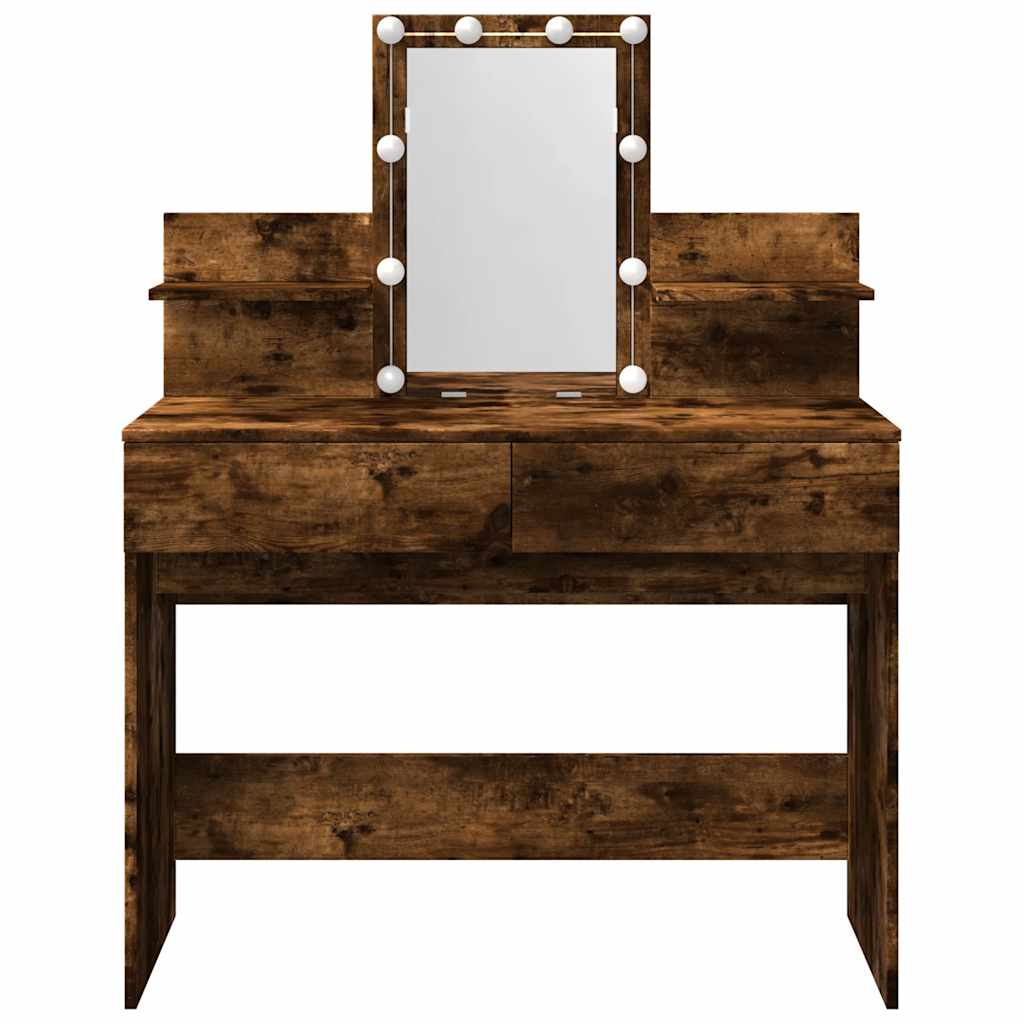 Makeup Vanity with LED Lighting Smoked Oak Finish 100 x 40 x 130 cm