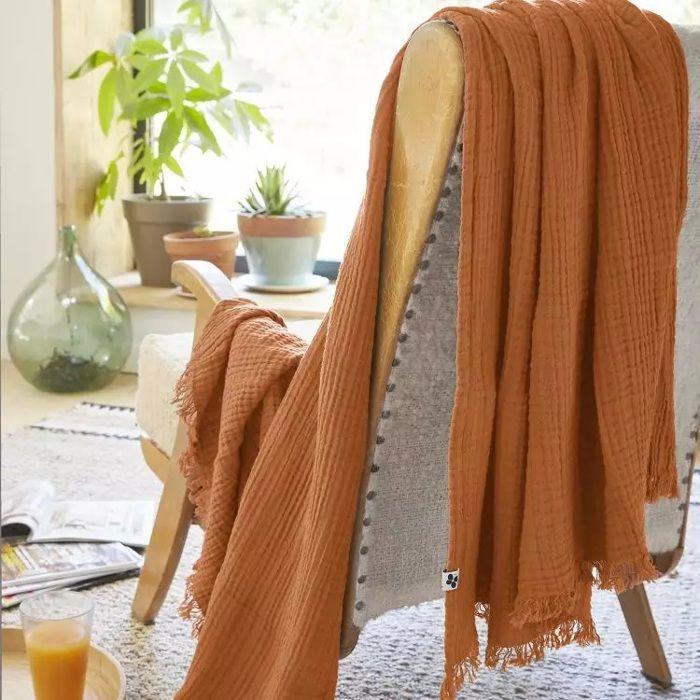 Plaid - Gaia - 180 X 220 Cm - 100% Coton - Orange - Finitions Avec Franges