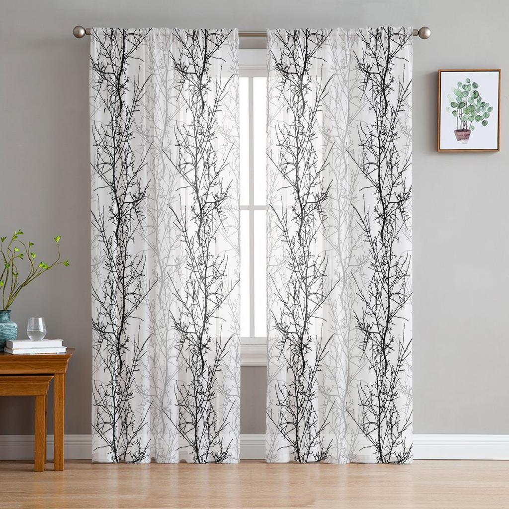 Black White Branches Sheer Curtains for Bedroom Living Room Decoration Window Curtain for Kitchen Tulle Voile Organza Drapes