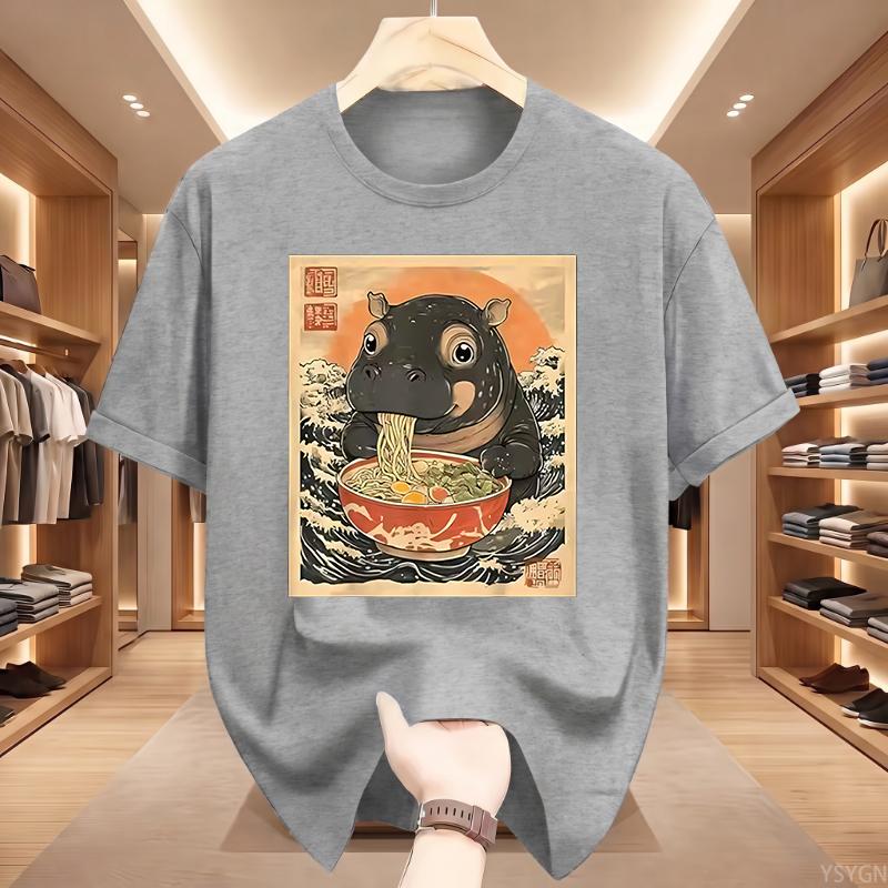 Moo Deng Hippo Eating Ramen T Shirt Japanese Ukiyo Graphic Tee Cute Animal Harajuku Streetwear Top Tshirt
