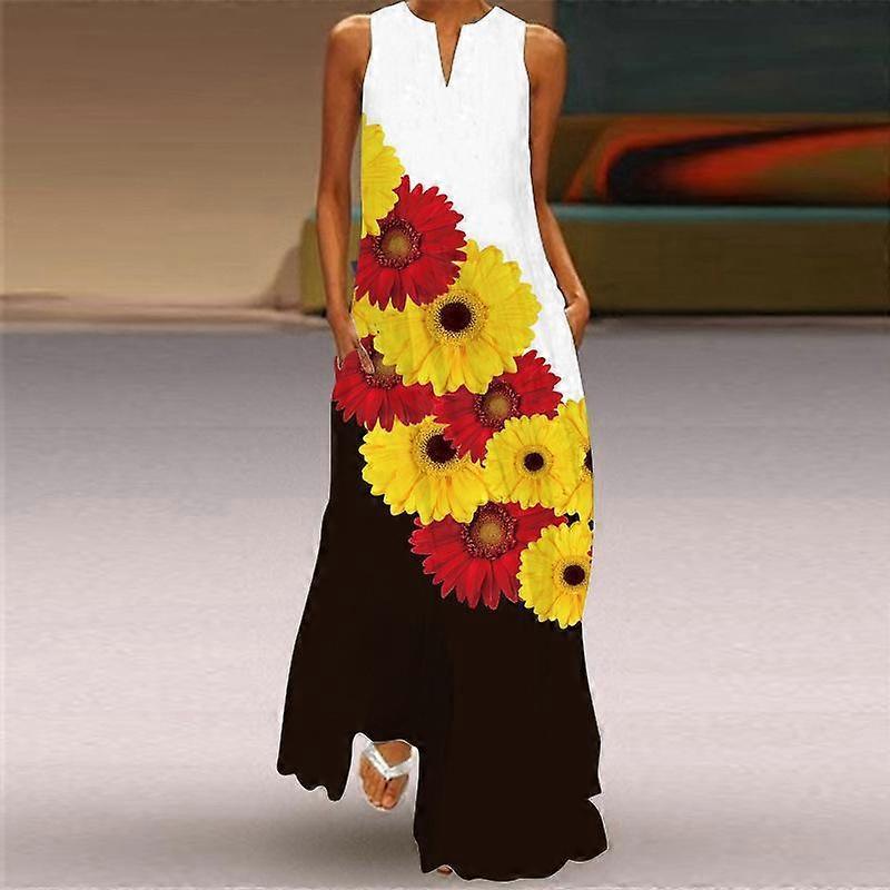 Women's A-line Dress Maxi Long Sleeveless Two-color Floral Print Autumn and Winter V-neck with a Retro and Elegant Style
