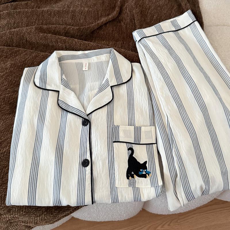Women's Cotton Cartoon Striped Pajama Set: Long Sleeve & Pants for Spring/Autumn, Wearable Indoors/Outdoors