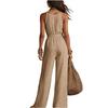 Women's Sleeveless Jumpsuit Linen Cotton Blend Wide Leg Relaxed Fit Casual Romper with Elastic Waist and Adjustable Straps for Summer
