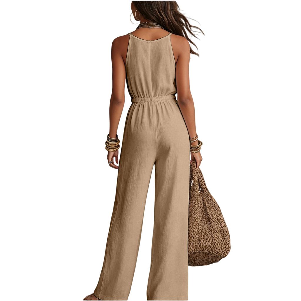 Women's Sleeveless Jumpsuit Linen Cotton Blend Wide Leg Relaxed Fit Casual Romper with Elastic Waist and Adjustable Straps for Summer