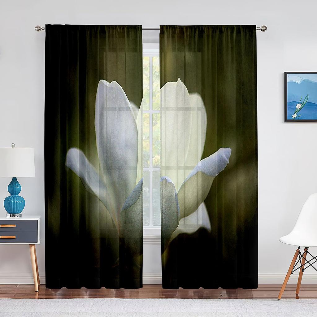Weißer transparenter Vorhang mit Magnolienblumenmuster für Wohnzimmer, Küche, Fenster, Schlafzimmer, Dekoration, Blumen-Voile, zum Aufhängen, eleganter Tüllvorhang