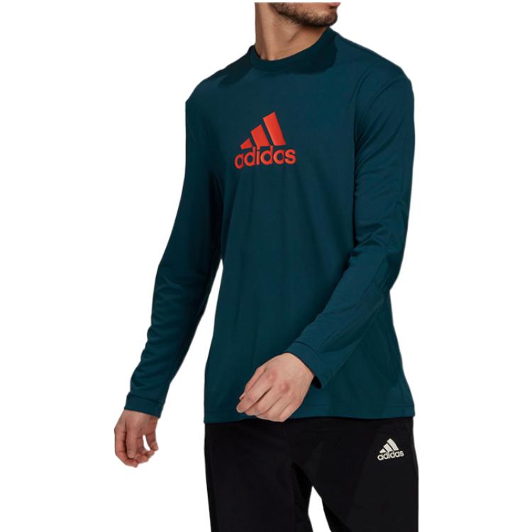 Adidas Solid Color Logo Print Crew Neck Long Sleeve T-Shirt Men Tops Green GL2367