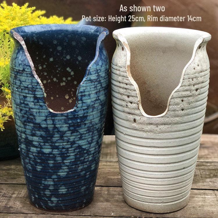 Handmade Coarse Pottery Wide-Mouth Flower Pot - Ceramic Zisha Succulent Planter with Rustic Cut-Edge Design for Chlorophytum