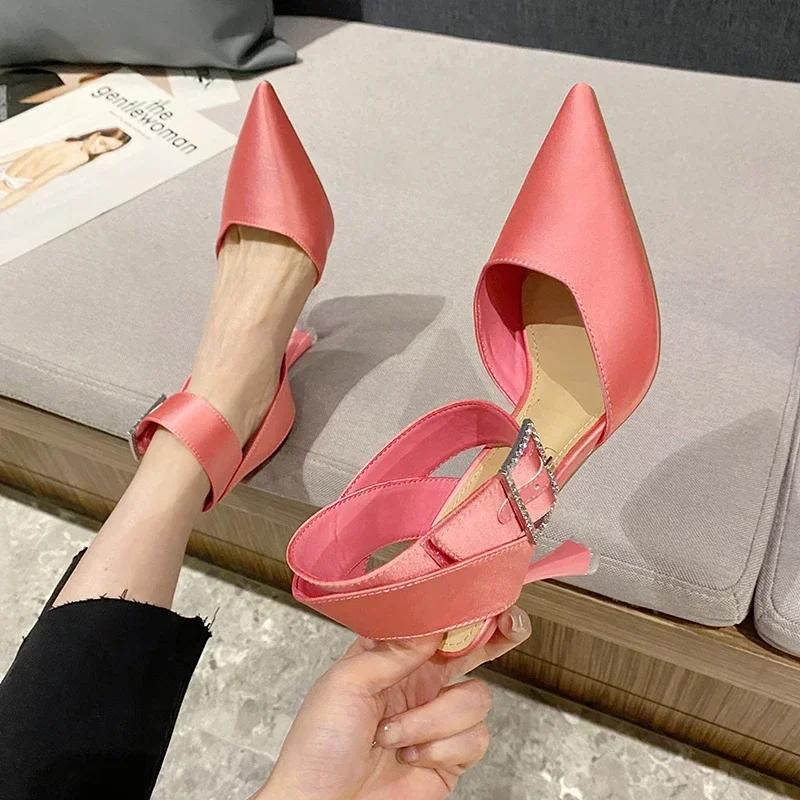 Fashion New Luxury Women's Sandals Sexy High Heels Temperamental Pointed Satin Baotou Square Buckle Rhinestone Party Shoes Summer