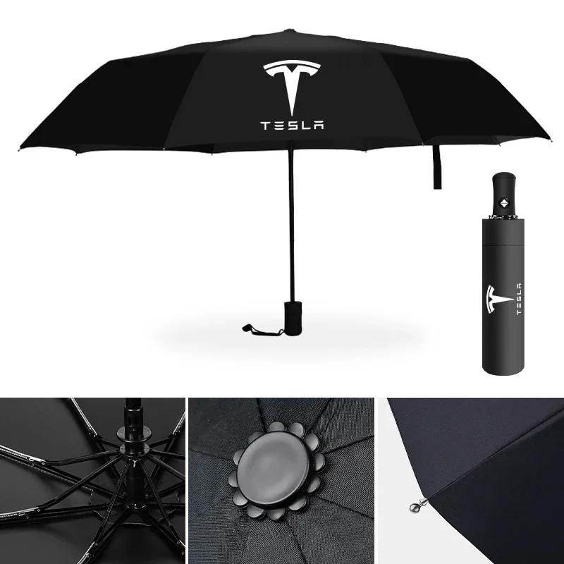 Car Sticker Tesla Car Fully Automatic Folding Windproof Umbrella With Car Logo Umbrella Parasol For Tesla Model3 Model X Model S