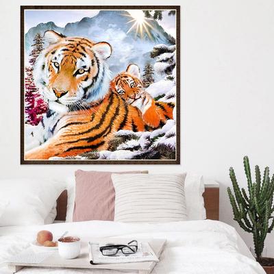 Embroidery Cross Stitch Tiger and Her Child Home Decor Gift Round Diamond Painting Free Cross Stitch