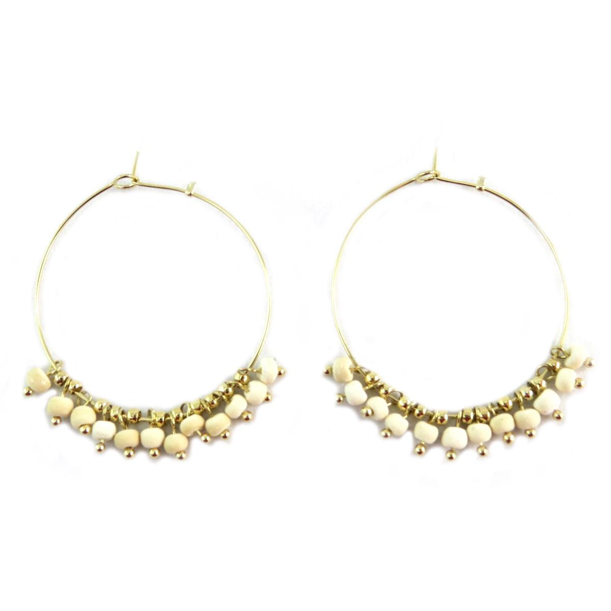 

7bis [Q6239] - Креолы ручной работы Бохо золотисто-бежевый (дерево) - 35 мм, бисер 4 мм