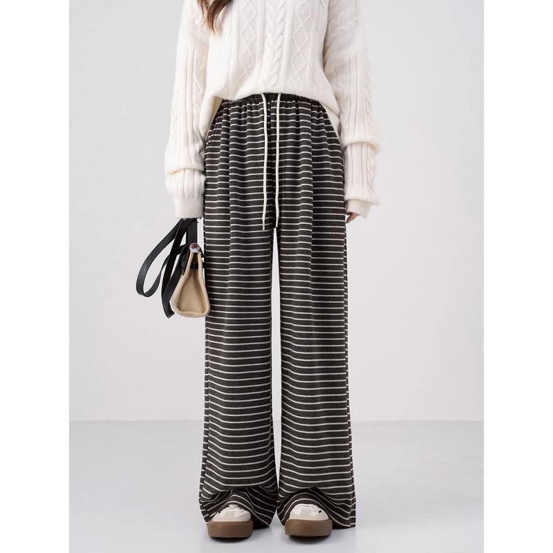 New Lazy Striped Wide Leg Pants Women's Autumn Lace-Up Elastic Waist Loose and Skinny Casual Straight Floor Mopping Pants