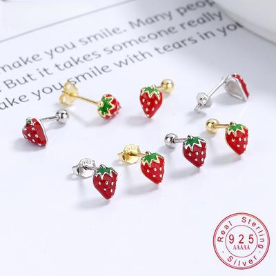 925 Sterling Silver Strawberry Stud Earrings - Cute Enamel Fruit Jewelry for Women Girls Gift