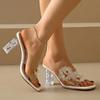 Fashion Fashion Flower Decor High Heels Slippers Women Summer Square Toe Crystal Heeled Sandals Woman Transparent Pvc Party Dress Shoes