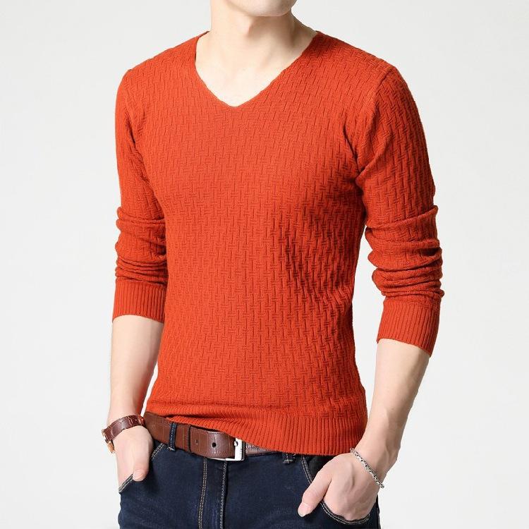 2025 Autumn New Solid Color V-Neck Pullover Men'S Knitted Sweater Slim Fit And Slimming Long Sleeved Sweater For Men