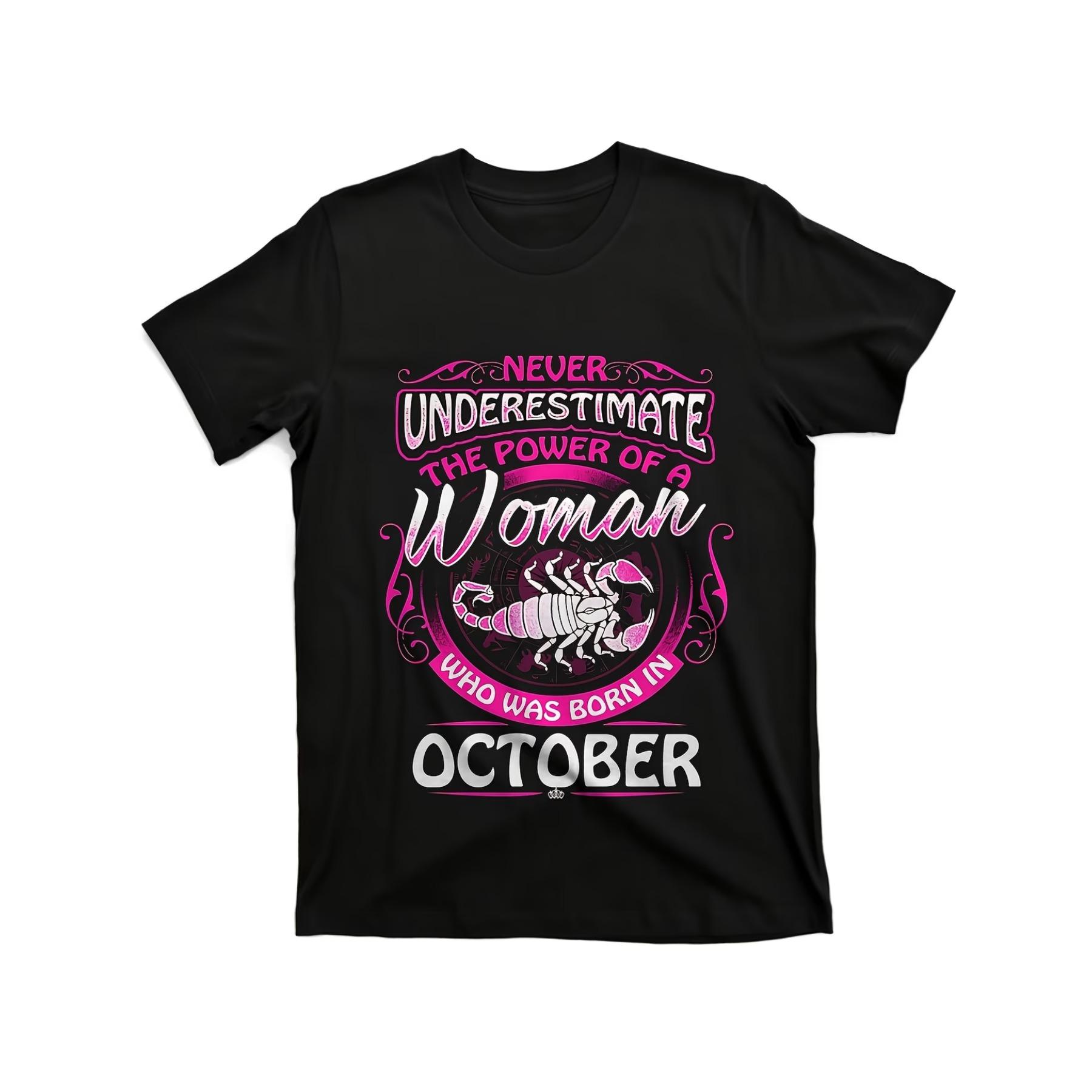 

Women S October Birthday Zodiac T-Shirt - Scorpio Graphic Tee Never Underestimate A Woman Born in October - Black with Pink Text XXL
