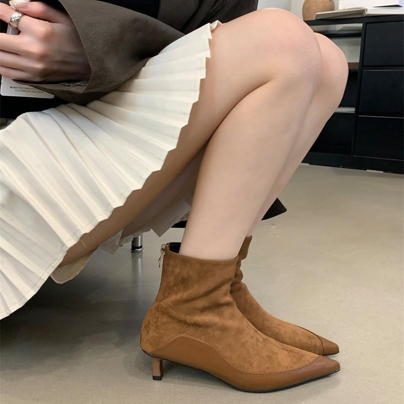 Suede splicing pointed flat bottom short boots versatile elastic soft sole fashion thin boots women's shoes