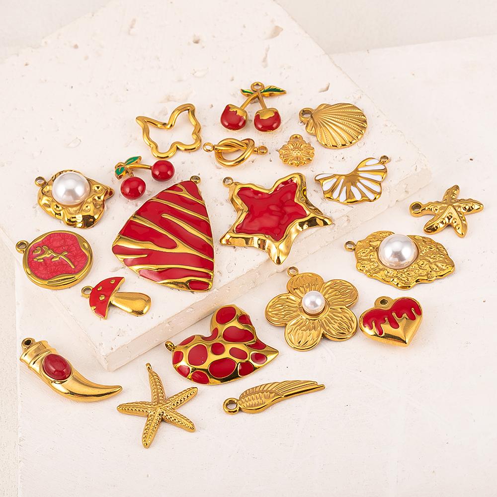 2pcs Stainless Steel Irregular Red Necklace Charms Gold Plated Imitation Pearl Earrings Component DIY Necklaces Jewelry Findings