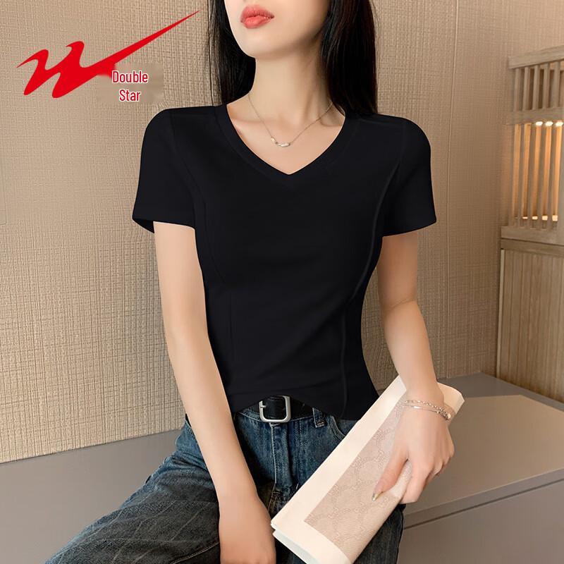 Shuangxing Women's V-Neck Ribbed Slim Fit T-Shirt