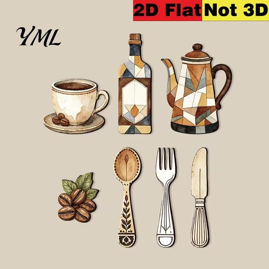 Dining Room Wall Decor 7Pcs Farmhouse Coffee Themed Wooden Decor, 2D Flat Kitchen Art Vintage Accents Plaques, Retro Rustic Ornaments for Home