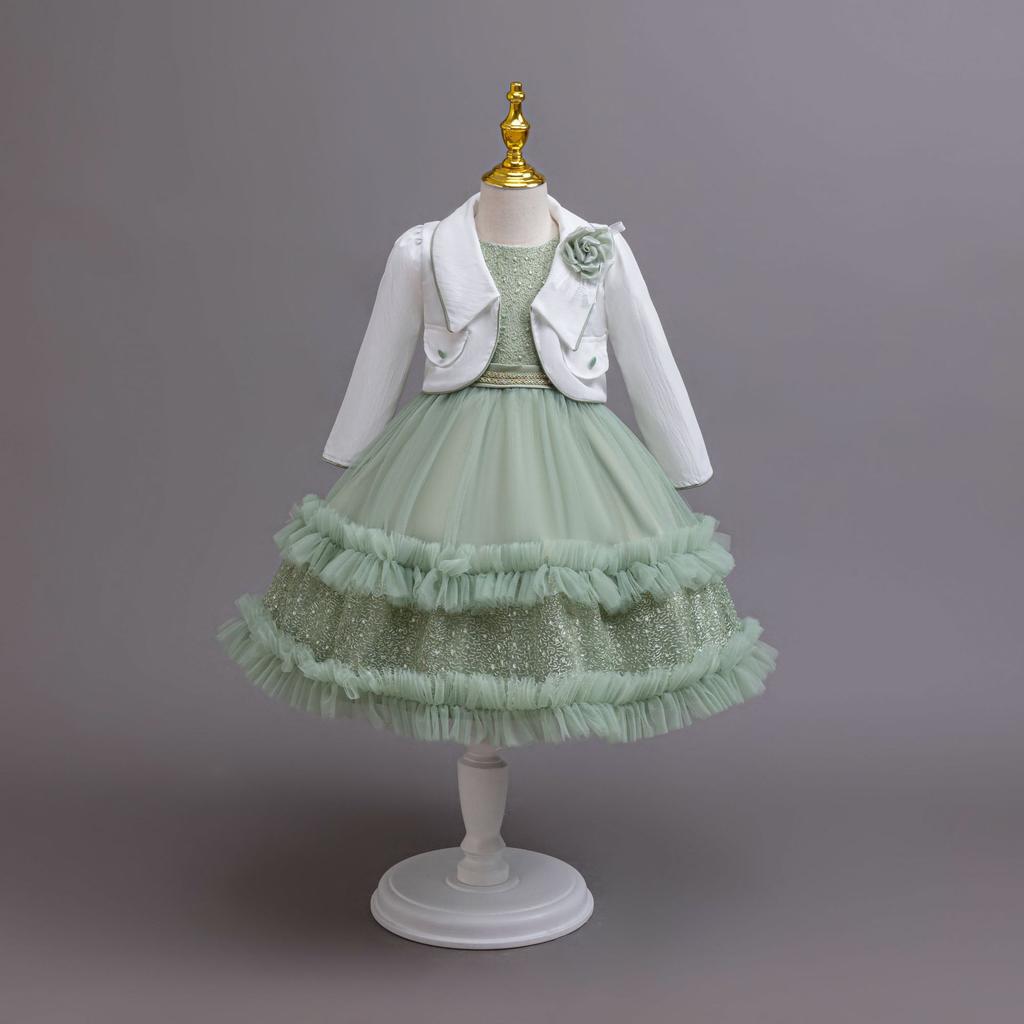 Dívčí šaty set Jaro Podzim Flitrovaná tylová sukně Dětské párty šaty Roztomilé princeznovské šaty a kabát Oblečení 2dílný oblek 5-11 let