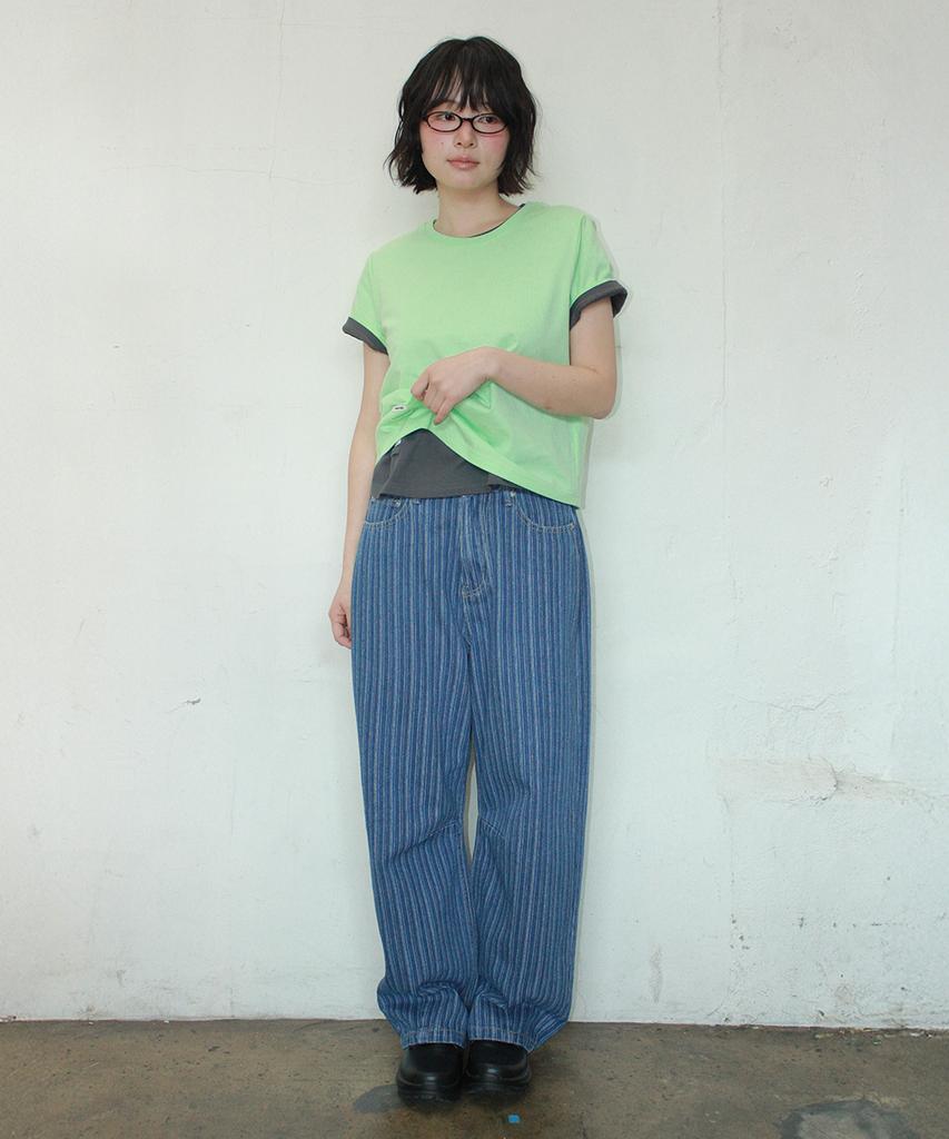 RONRON Stripe Denim Wide Pants Medium Blue