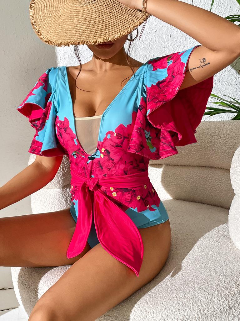 Ashgaily Ruffle One Piece Swimsuit Women Swimwear with Belt Push Up Monokini Swim Suit Print Bathing Suit Beachwear