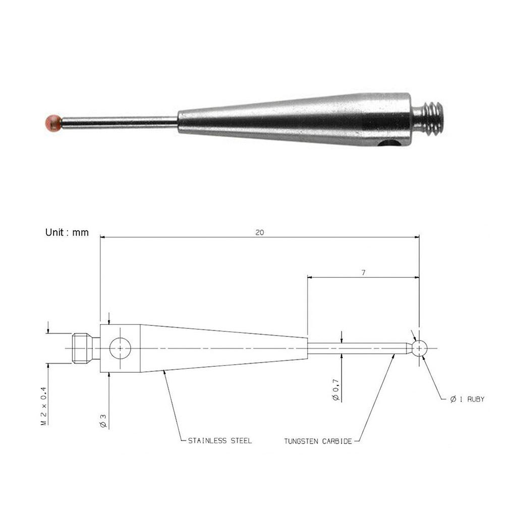 Nichtmagnetischer CMM Taststift Stifte 1mm Kugelspitze Länge 20mm M2 Gewinde Edelstein Kugelmaterial Ausgezeichnete Steifigkeit