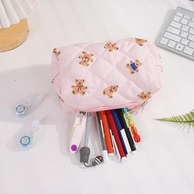 Étui à crayons Ours à nœud écossais mignon Sac cosmétique Sac de rangement pour maquillage girly Sac organisateur portable de grande capacité Cadeau papeterie étudiant