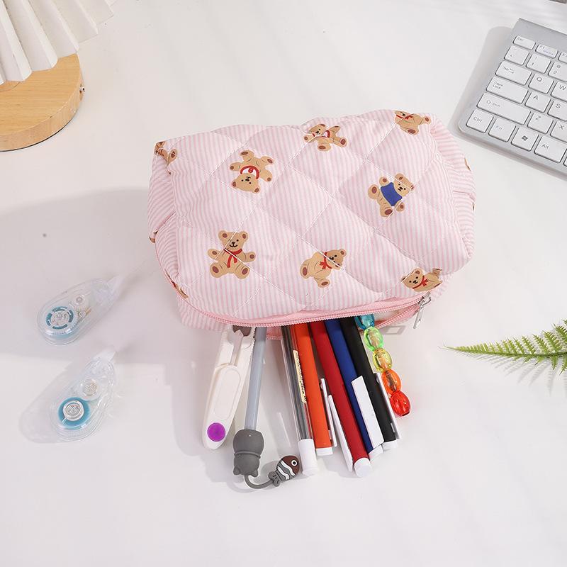 Cute Plaid Bow Bear Pen Case Cosmetic Bag Girly Makeup Storage Bag Portable Large Capacity Organizer Bag Student Stationery Gift