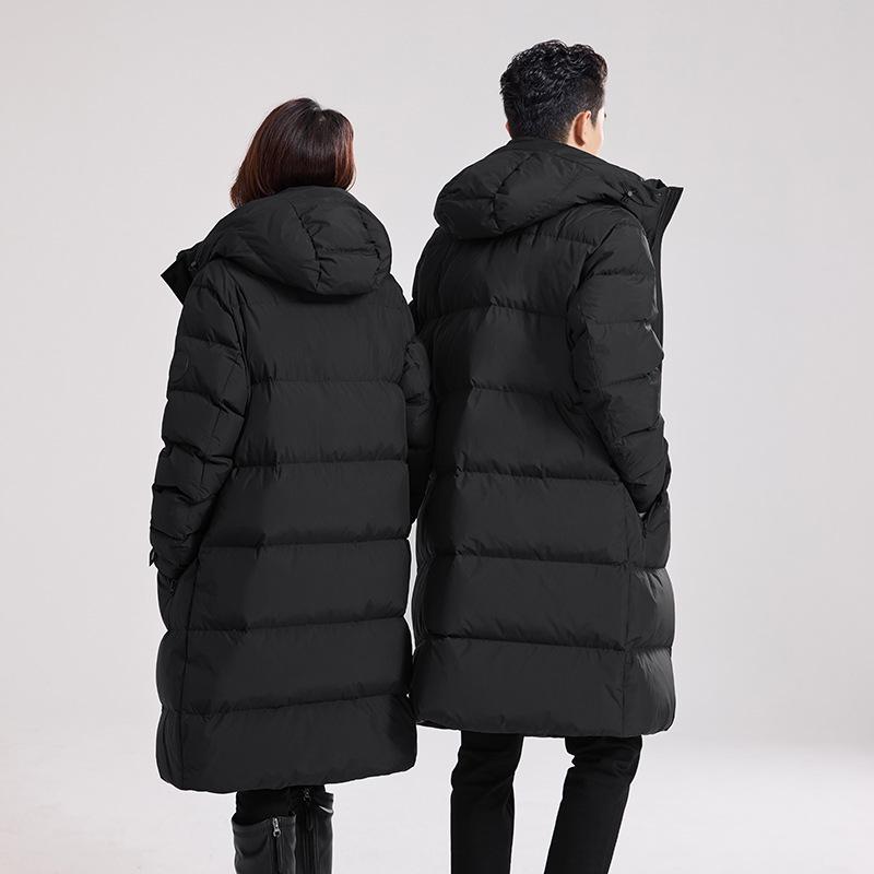 Couple's Long Black Hooded Duck Down Jacket - Thick, High Fill Winter Outerwear