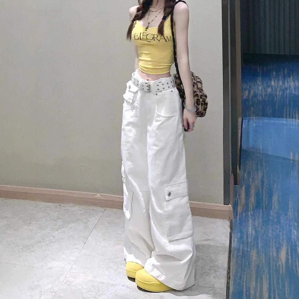 women s White Multi-Pocket Cargo Jeans High Waisted Loose Wide Leg Straight Denim Pants S белый