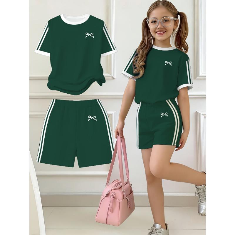 Kids Clothes Girls, 2pcs Set, Easy Bow Print Short Sleeve T-Shirt And Shorts Set, Suitable for Spring and Summer, Y2K Fashion