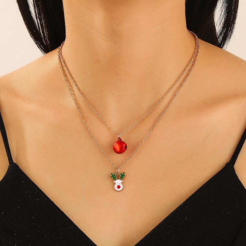 Double Layer Christmas Necklace Santa Bell Tree Reindeer Pendant Collarbone Chain Festive Holiday Jewelry Gift for Women