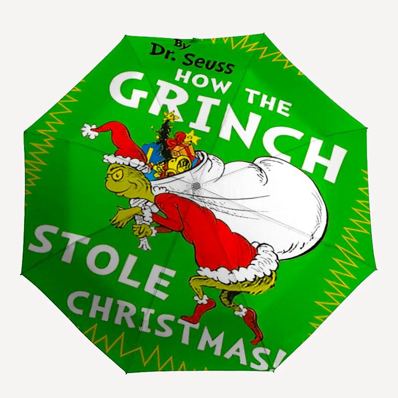 Umbrelă Automată cu Tematică Grinch, Ușoară și Portabilă, 8 Nervuri, Perfectă pentru Călătorii în Aer Liber, Zile de Naștere, Crăciun, Cadouri.