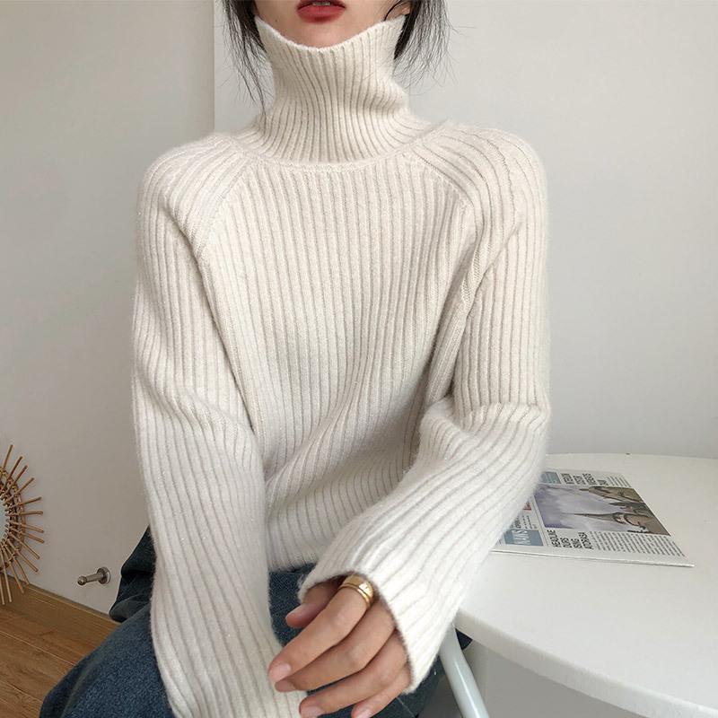 Women's Slim-Fit Ribbed High Neck Sweater - Solid Color Knit Top for Autumn/Winter