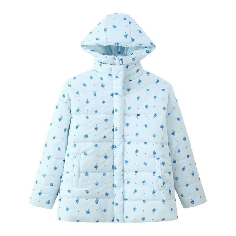 ZA Womens Winter Loose Fit Floral Print Hooded Padded Coat