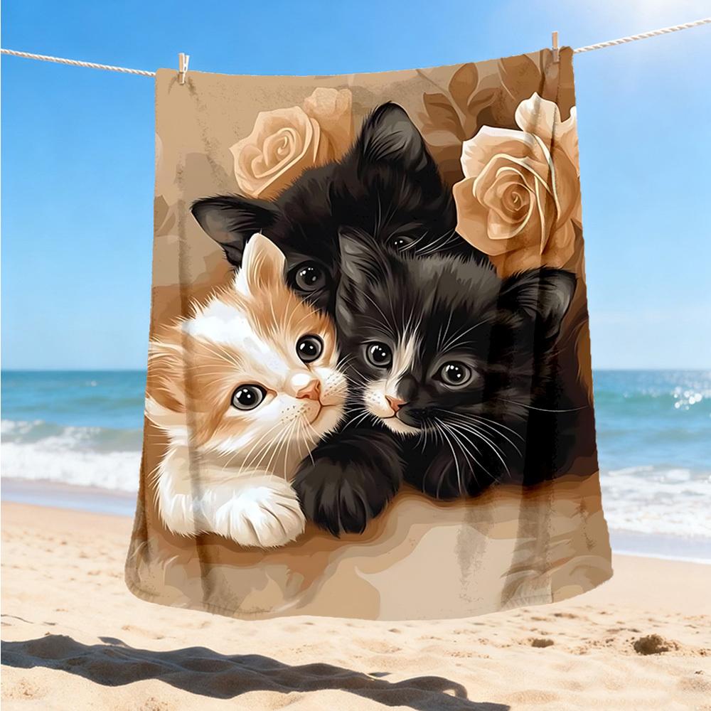 1pc Kitten Roses Outdoor Flannel Blanket , Machine Washable Perfect Gift for Birthday , Holiday Travel Accessory , Durable Material