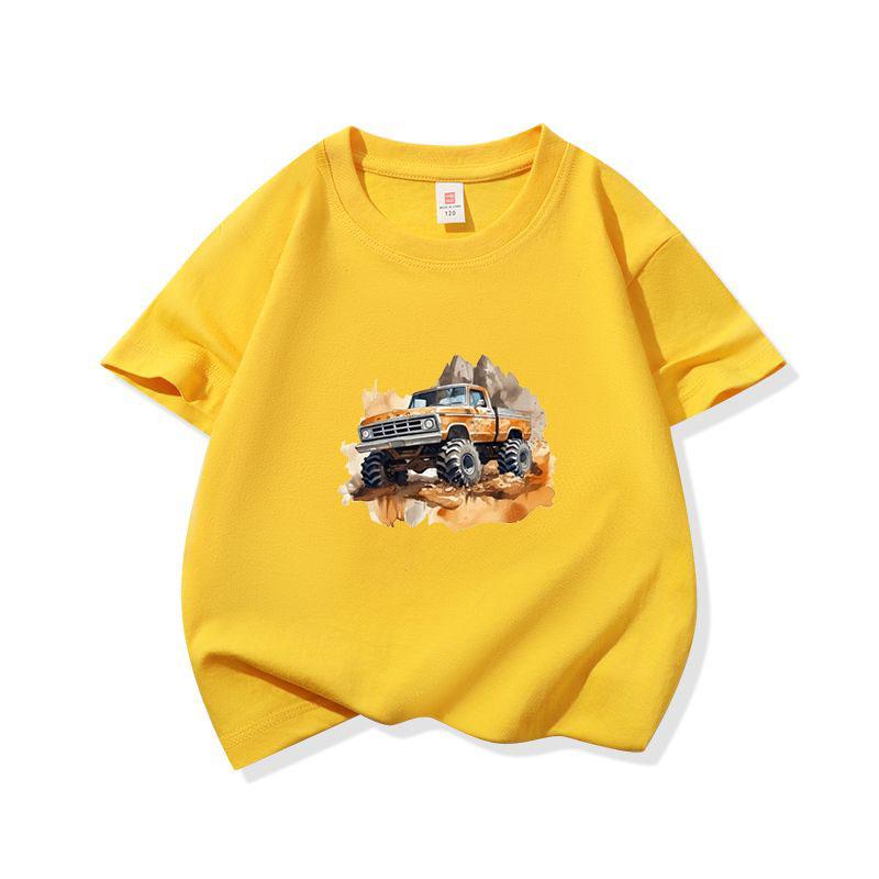 Kids Cotton T Shirt Retro Watercolor Offroad Car Print Crew Neck Short Sleeve Tee Casual Breathable Boys Girls Summer Tops