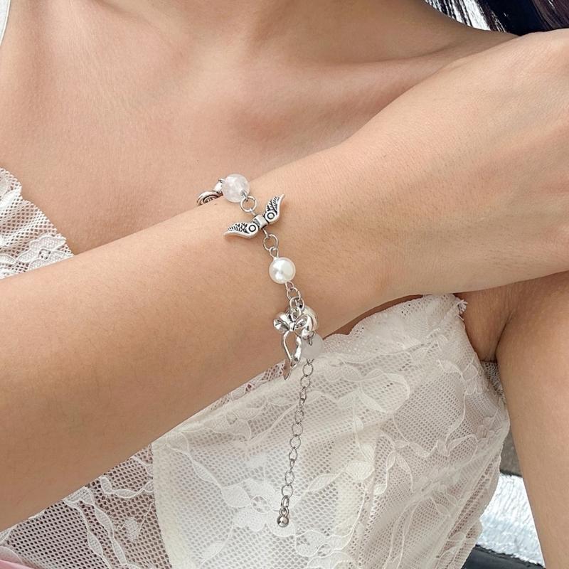 Faux Pearls Beaded Bracelet with Bowknot Pendant Butterfly Knot Charm Wristchain Adjustable Length Handchain Ornament