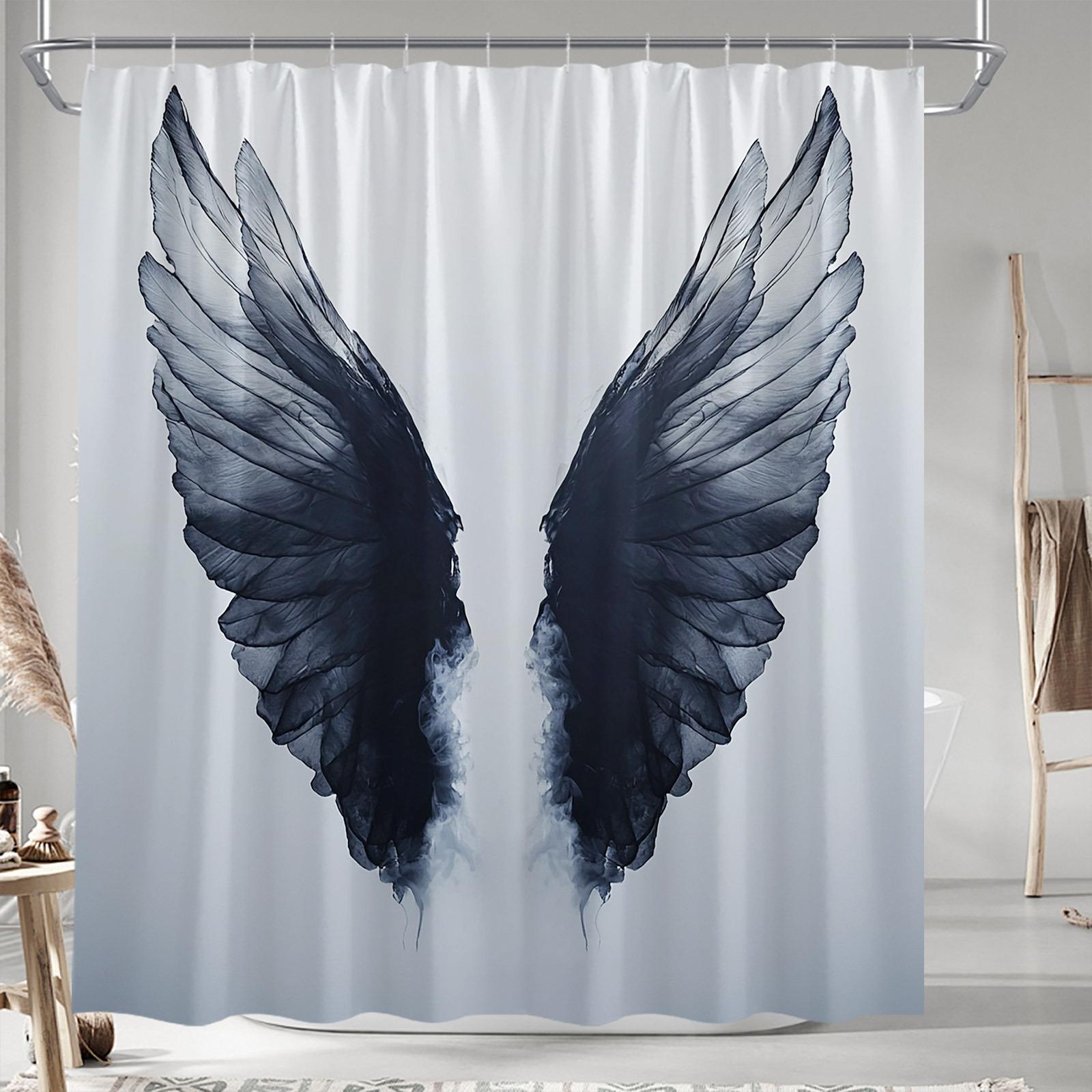 Mystical Angel Wings Shower Curtain - Dark Grey Feather Texture, Smoky Outline, Minimalist Grey Backdrop, Polyester W90xH180cm