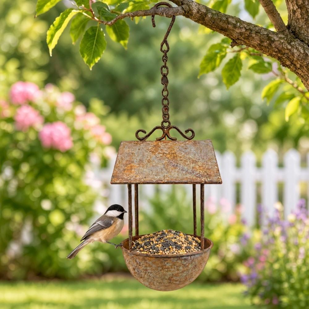 Rusty Red Hanging Bird Feeder Rainproof Water Feeding Station Creative Bird House Feeder Yard