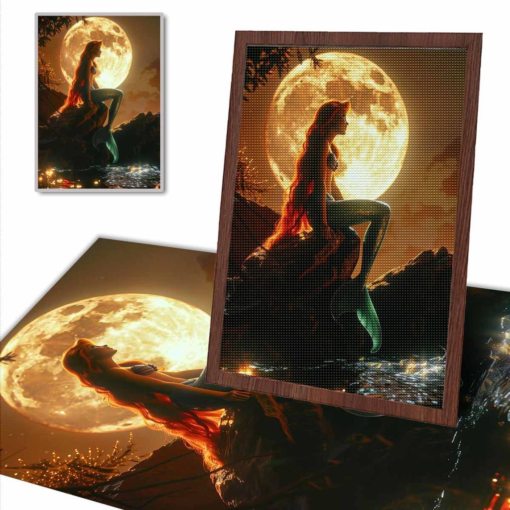 5D DIY Diamond Art Painting Kits for Adults, The Mermaid Under The Moonlight Full Round Crystal Diamond Kits for Beginner for Home Wall Decorate