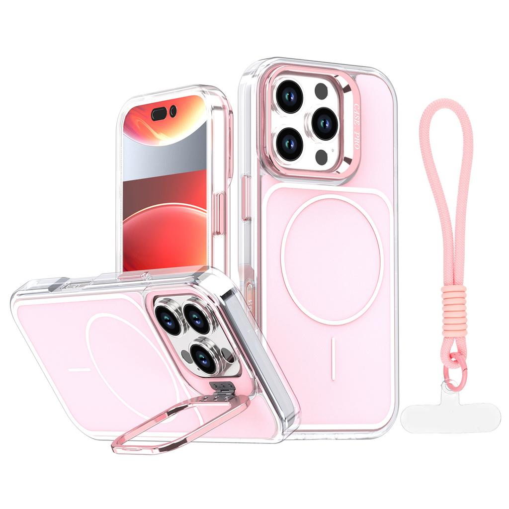 For iPhone 16 Pro Max Case Compatible with MagSafe Lens Kickstand TPU Acrylic Phone Cover with Matching Hand Strap
