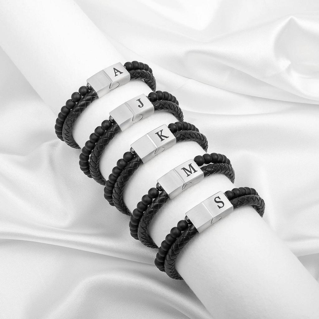 Men's Black Matte Double Layer Leather Bracelet with 26 Letter Engraved Stainless Steel Magnetic Clasp, 6mm