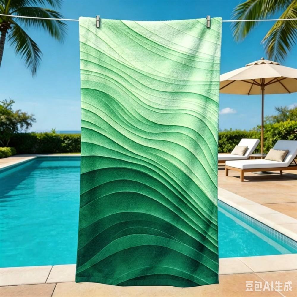 Minimalist Ocean Wave Beach Towel Oversized Blue Gradient Wave Pattern Microfiber Towel for Summer Pool