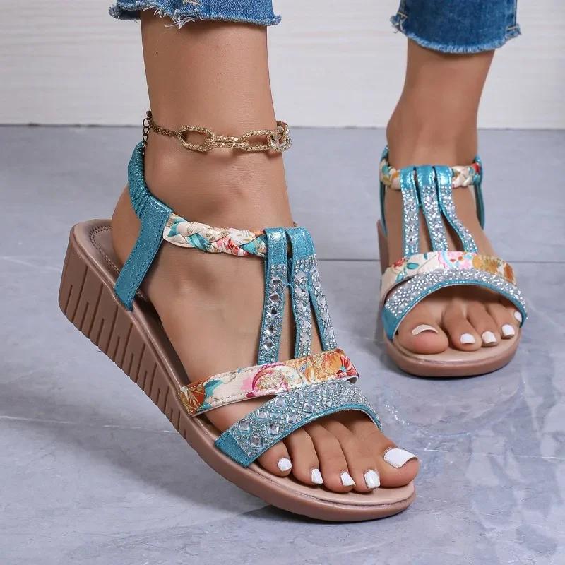 fashion 2024 Shoes for Women Plus Size Women's Sandals Summer Casual Sandals Women Crystal Mixed Colors Elastic Band Wedge Shoes Ladies