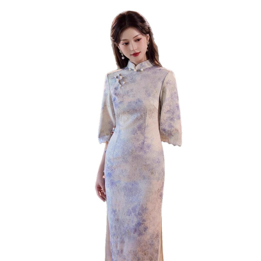 1011 autumn new cheongsam new Chinese style purple beautiful temperament girl cheongsam cold and thin women's cheongsam